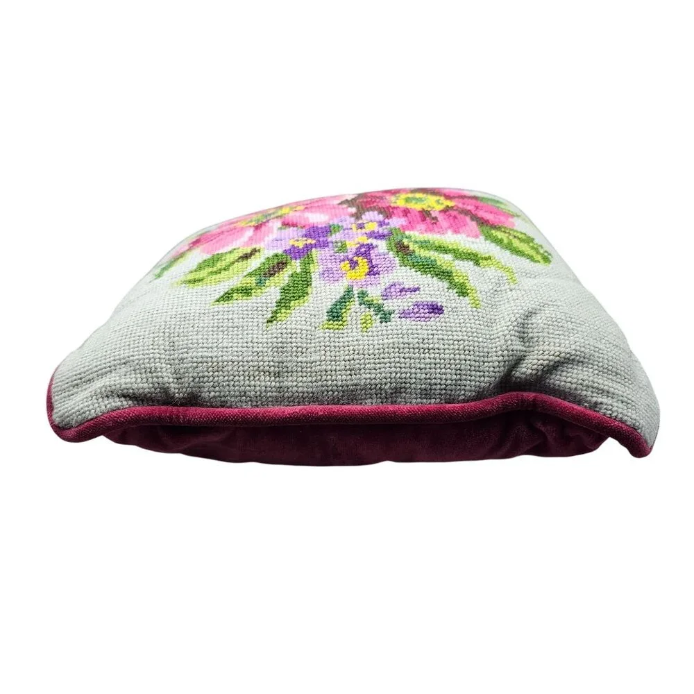 Vintage Floral Needlepoint Throw Pillow With Velvet Backing 11